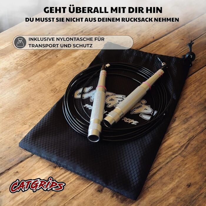 Стрибкове канат Crossfit CATGRIPS Springseil: алюмінієва ручка, сталеве ядро з підшипниками, легке та професійне для занять у спортзалі та боксі, з сумкою та запасними частинами, срібний