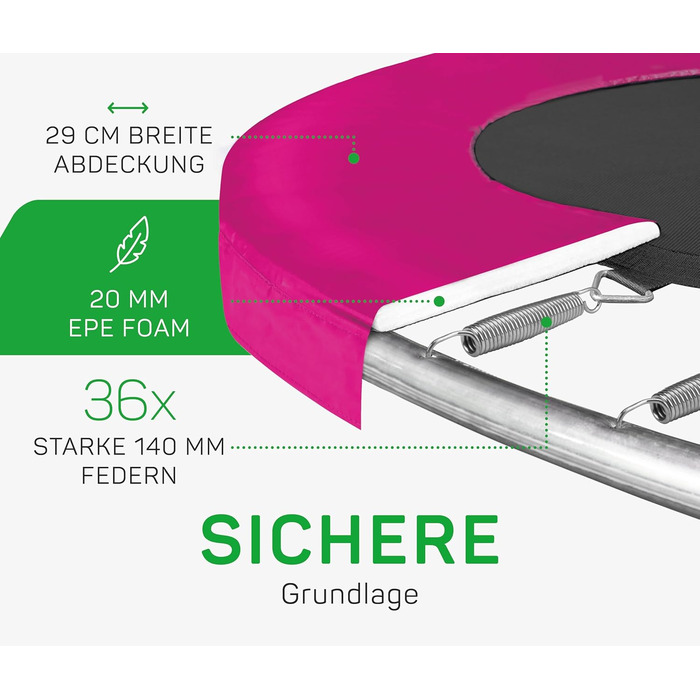 Трамплін Salta Comfort Edition (різні діаметри) – ⌀183/213/251/305/366/396/427cm – сертифікат TÜV – зелений/рожевий – круглий вуличний/садовий трамплін, комплект з пружинами, захисним покриттям та сіткою