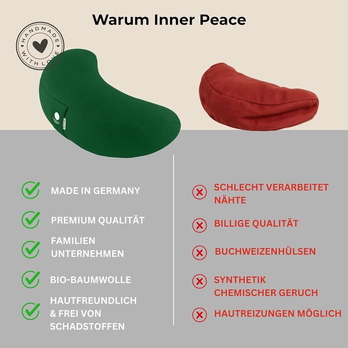Подушка для йоги та медитації Inner Peace Halbmond 42x20 см, бавовна Біо, зелений (Waldgrün), наповнювач лузга гречки, знімний чохол