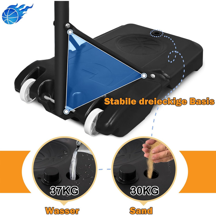 Баскетбольний кошик UISEBRT вуличний з м'ячем та насосом для дітей - стійка 156-208 см, регульована висота, мобільна баскетбольна установка на колесах, міні кошик для гри в приміщенні та на вулиці