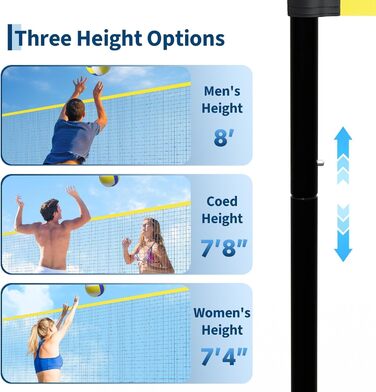 Волейбольне мережеве тренувальний комплект для саду та вулиці – регульована висота, з сумкою, м'ячем, насосом та мотузками. Стабільна самостійна сітка для дітей, підлітків та дорослих, чорний+жовтий