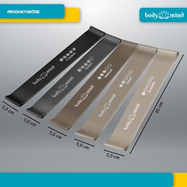 Набір еластичних стрічок для фітнесу Body & Mind® 5 шт. з різним опором, стрічки для тренувань, йоги, пілатесу та фітнесу; спортивні стрічки 100% латекс сірого кольору