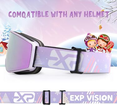 EXP VISION Лижна маска з антифогом, набір для батьків і дітей, 100% UV захист, OTG сноуборд-окуляри для чоловіків, жінок, підлітків і дітей, бузкова