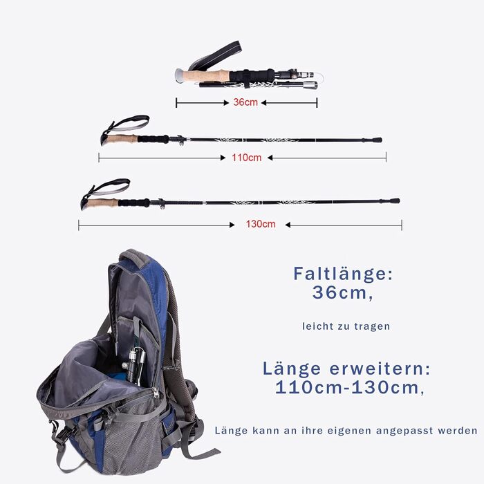 Тrekking-палиці Wanderstöcke: телескопічні палиці для ходьби та трекінгу, регульовані 110-130см, з металевим затвором та пробковими ручками