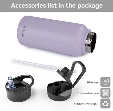 Термобутилка MURBONE з нержавіючої сталі 1 л, 2 кришки, з трубочкою, без BPA, вакуумна, подвійна ізоляція, герметична, підходить для газованої води, для спорту, подорожей, кемпінгу
