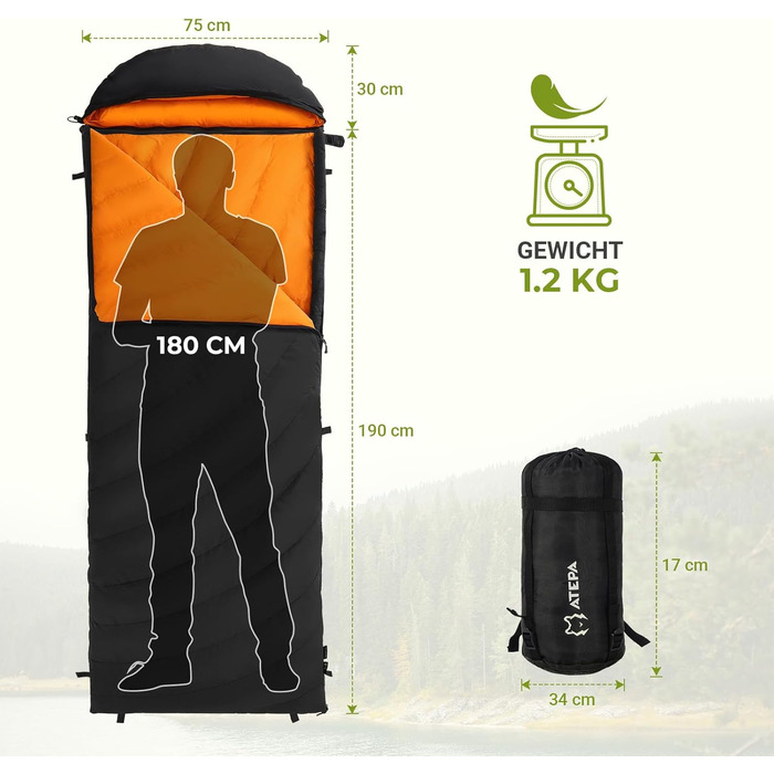 Спальний мішок ATEPA Ultraleicht Daune 650/700FP, 3-сезонний (12°C / 6°C / -1°C), легкий та компактний, водовідштовхувальний, для кемпінгу, походів, трекінгу та рюкзакових подорожей, з компресійним мішком. Комфортна температура 12°C, межа допустимої темпе