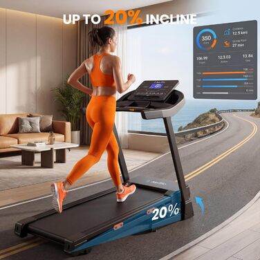 Бігова доріжка Aeriflo T500 Pro для дому: електрична, з нахилом 20%, швидкості до 20 км/год, ширина 51 см, складна, з App та бездротовою зарядкою, до 150 кг