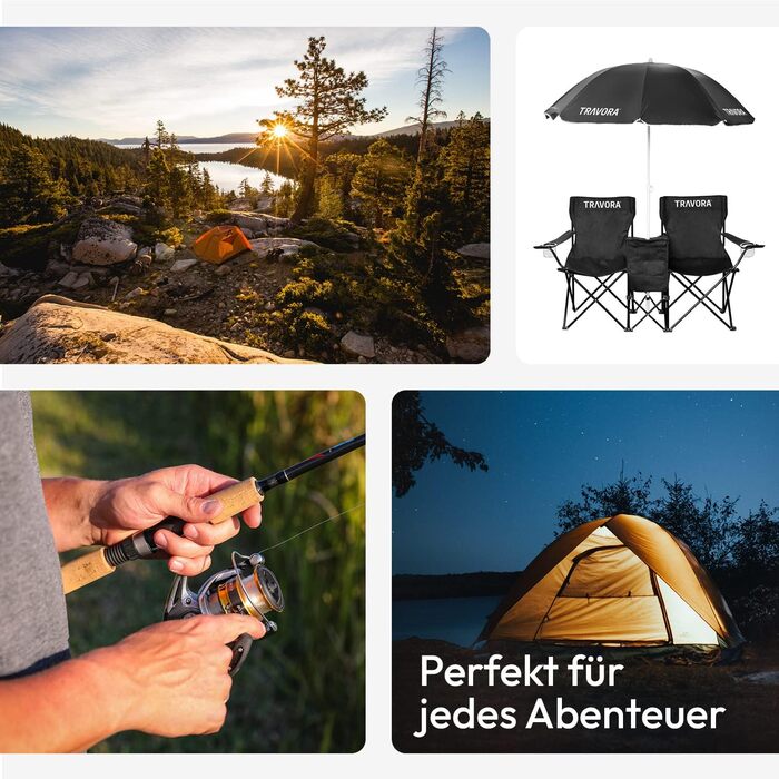 Кемпінговий стілець TRAVORA 2 шт. з сонцезахистом та кишенею для охолодження - складний двомісний стілець для відпочинку та риболовлі, чорний