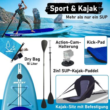 Надувний SUP Board BRAST з LED-підсвіткою | Комплект для станд-ап паддлінгу | 320x81x15см | 4 дизайни | LED-підсвічування (10 кольорів) | 5 років гарантії | 2в1 (каяк, сидіння) | Тримач для Action-Cam | Петля для ноги (Shark Blue)