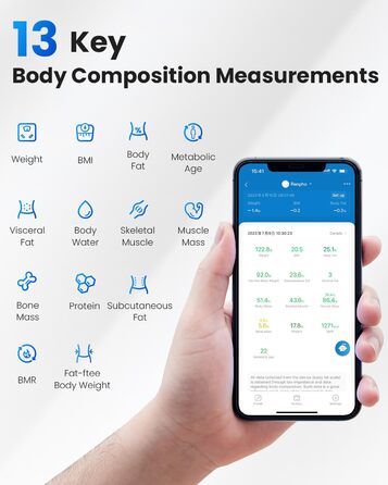 Розумні ваги RENPHO з Bluetooth, аналізатор жиру, м'язової маси, ІМТ, ваги, води, білка, кісткової маси, BMR, чорні, 270 мм