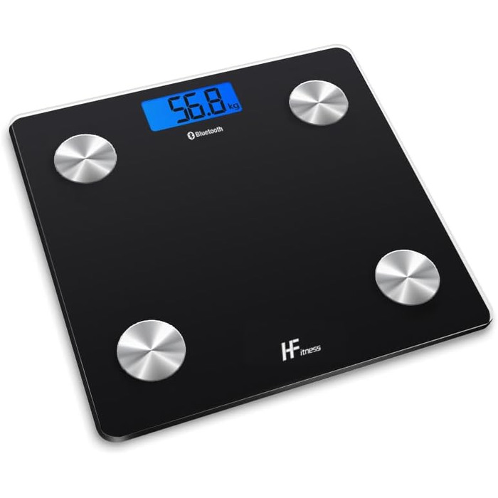Інтелектуальна вага для тіла з Bluetooth, HFitness, вимірювання жиру, BMI, iOS/Android, чорний колір з блакитною підсвіткою