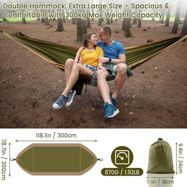 Гамак для двох осіб XXL 300x200 см – розкладний, ультралегкий, портативний. Міцний гамак для відпочинку на природі (300 кг) – ідеально для саду, кемпінгу, подорожей (мілітарі)