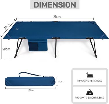 Розкладне ліжко EVER ADVANCED для кемпінгу XXL, 200 кг, 214x79x50 см, з кишенею, стабільне та портативне для відпочинку на природі, вдома та в саду (Блакитне)