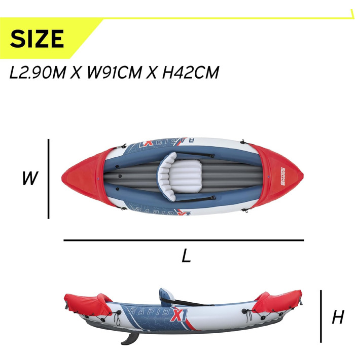 Надувний каяк Bestway Hydro Force Rapid X1 290x91x42 см для 1 людини, до 120 кг, Inflata-Shield, GS сертифікат, алюмінієве весло, насос, сумка
