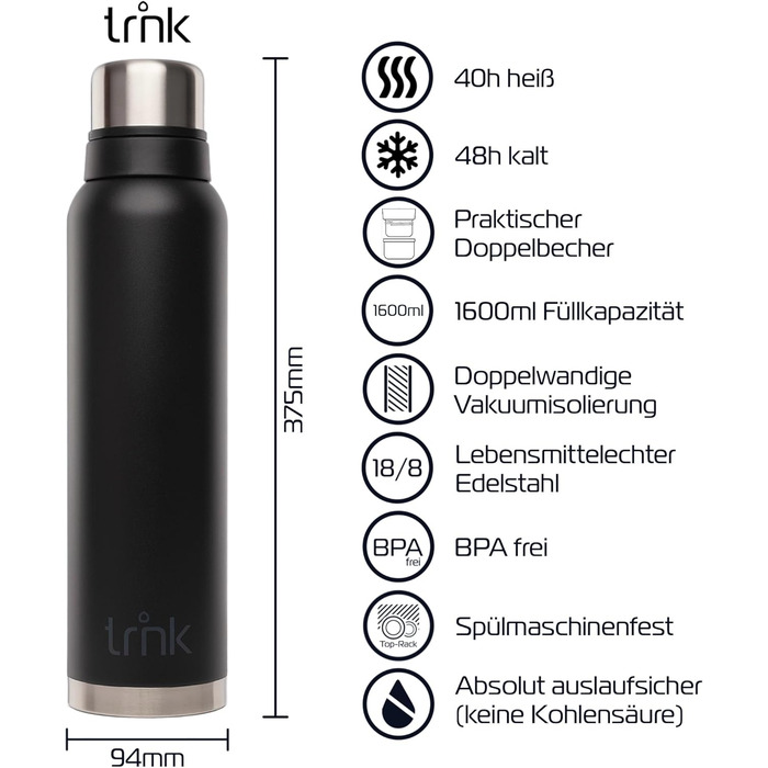Термос trnk Outdoor Polar 2, 1600 мл, нержавіюча сталь, BPA-free, тримає тепло 40 годин, 2 чашки, чорний матовий
