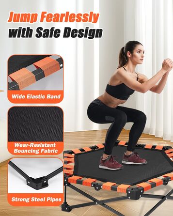 Складаний батут для дому, 130 кг, чорний | Фітнес-батут для дітей та дорослих з регульованою ручкою