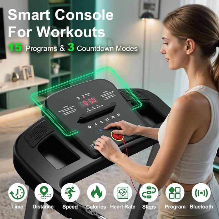 Біговий тренажер MaxVibe для дому, складаний, швидкість до 12 км/год, регулювання нахилу, 15 програм, Bluetooth, 2.5 PS, вантажопідйомність 120 кг