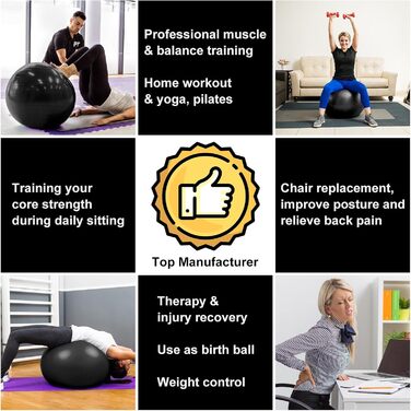 Фітбол Flintronic 55/65 см: для йоги, фітнесу, пологів. Анти-burst, товстий, з насосом. Чорний