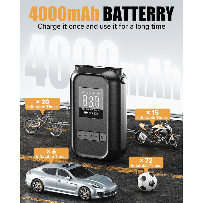 Портативний електричний компресор QUIQEI 4000 мА·год, 150 PSI, 4 режими, LED-ліхтар, для авто, велосипедів, мотоциклів, самокатів, м'ячів (чорний)