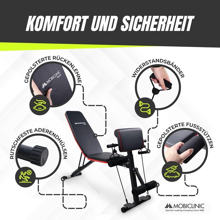 Багатофункціональна тренажерна лава Mobiclinic Planefit для силових тренувань, складана, 8 позицій регулювання, з еластичними стрічками-опорами та колесами для дому