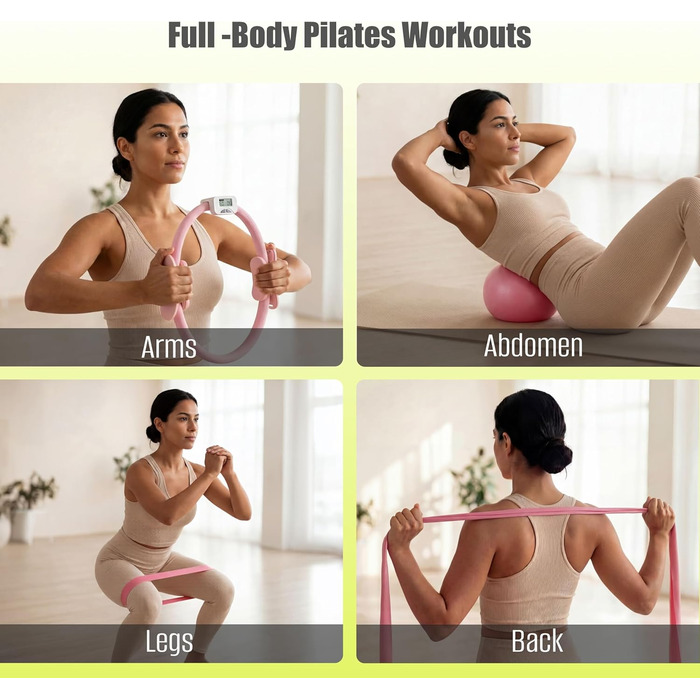 Pilates Set MaxU для жінок: коло 35 см, м'яч, гумові стрічки, кільце з лічильником та шкарпетки. Ідеальний набір для домашніх тренувань для початківців. Рожевий колір.