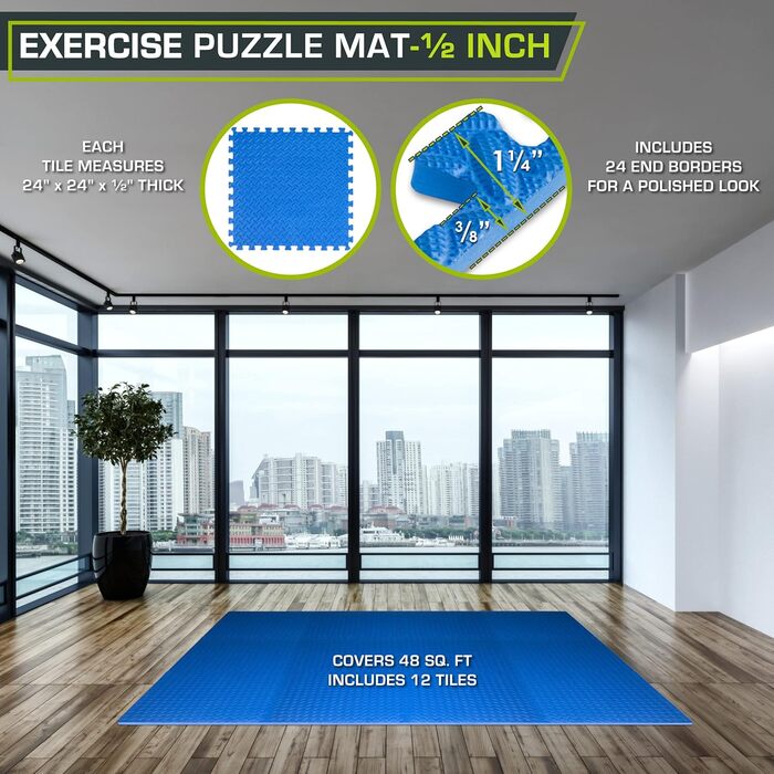 Підлоговий килимок ProsourceFit Puzzle 12 шт, EVA-піна, 1/2 дюйма, плитка 60x60 см для домашнього спортзалу, дитячої кімнати, синій, 4,5 м²