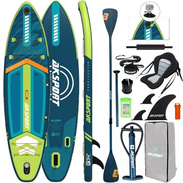 SUP дошка AKSPORT 11' надувна з повним комплектом аксесуарів, 34 дюйми, антиковзке покриття, для дорослих та підлітків (блакитно-зелена)