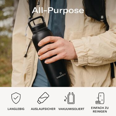 Термос-пляшка waterdrop® 1 л, ізольована нержавіюча сталь, для напоїв, 24 год холод/12 год гаряче, герметична, ударостійка, чорна матова з носиком
