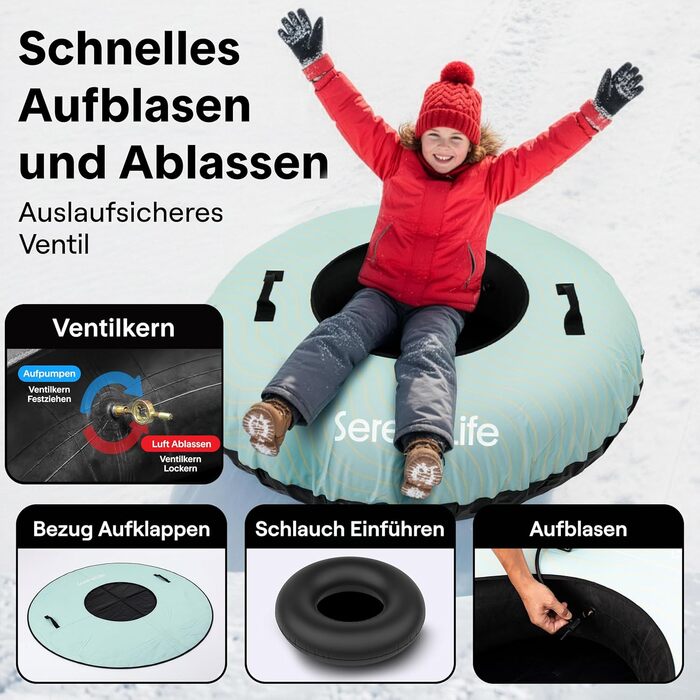 Надувний сніговий санки SereneLife – XXL, 122 см, для дітей та дорослих, з антиковзним дном та тросом.