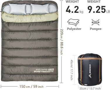 Зимовий спальний мішок BISINNA для 2 дорослих, 3 сезони, для кемпінгу та подорожей на автодомі (4.2 кг), зелений