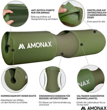 Amonax м'яка накладка на гриф для штанги, товстий захист шиї, барбел пад для присідань, хіп трасту, фітнесу та силових тренувань, зелена