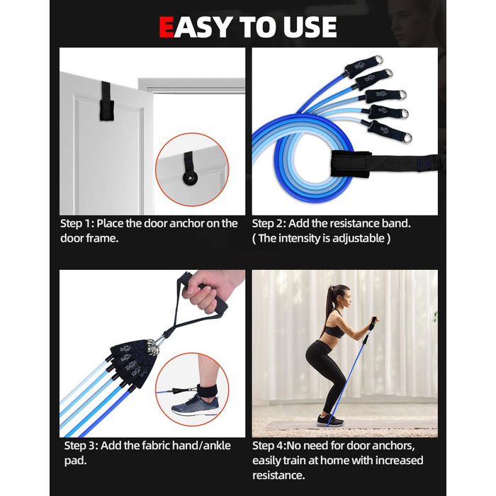 Набір еластичних стрічок Abahub для фітнесу з дверним кріпленням, ручками та петлею для ніг. Ідеально для тренувань всього тіла, домашнього спортзалу, підходить для початківців та досвідчених (100LB)