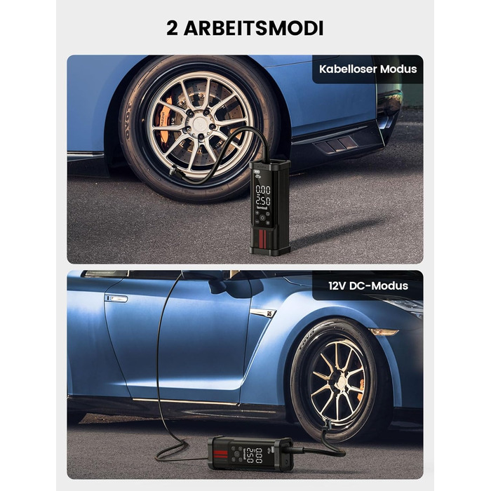 Електричний компресор Lamicall 150PSI, акумулятор 7500mAh, портативний насос для авто, велосипеда, мотоцикла з цифровим манометром і Powerbank
