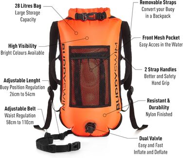 Буй для плавання Buddyswim 28 л з водонепроникною кишенею (Drybag), знімною спинкою, помаранчевий, легкий і міцний для відкритої води