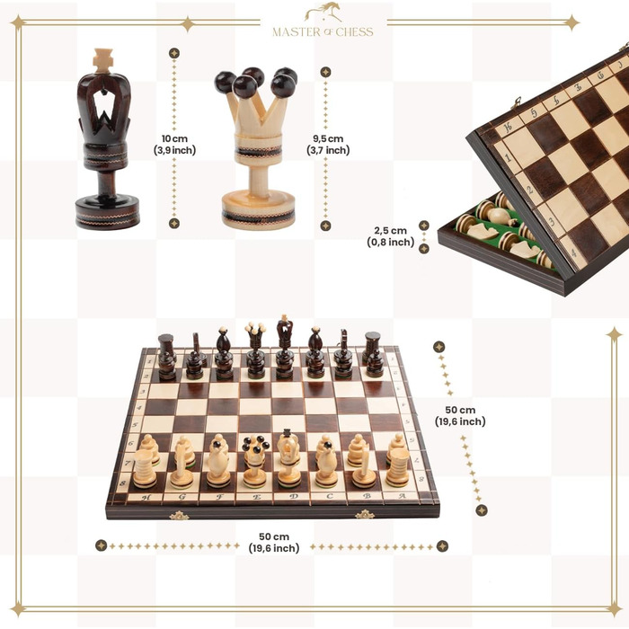 Розкішна шахова дошка Royal Gambit з дерева 50 см, інкрустована, комплект шахів для дорослих і дітей, делюкс-фігури