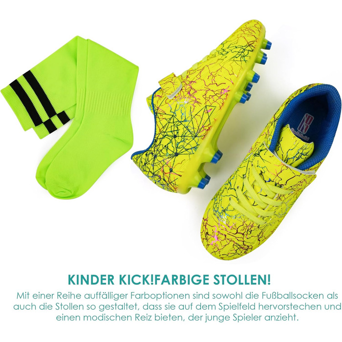 Дитячі футбольні бутси JABASIC для гри на твердих поверхнях, біло-блакитні, з футбольними шкарпетками (33 EU, лайм)