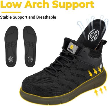 Черевики безпеки FitVille для чоловіків, X-широкі, з металевим носком, легкі, дихаючі, антипрокольні, протиковзкі, чорні, 47 EU