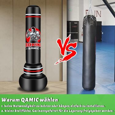 Важкий боксерський мішок QAMIC на підставці, 180 см, для дорослих, з боксерськими рукавичками та насосом, PVC 0,5 мм, для MMA, Муай Тай, фітнесу та тренувань