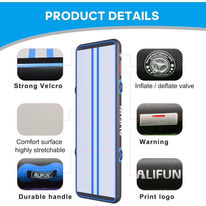 ALIFUN Килимок для гімнастики надувний, 2м/3м/4м/6м, 10/20см, з насосом, для дому, фітнесу, тренувань, черлідингу, басейну (чорний/синій, 200х100х10см)