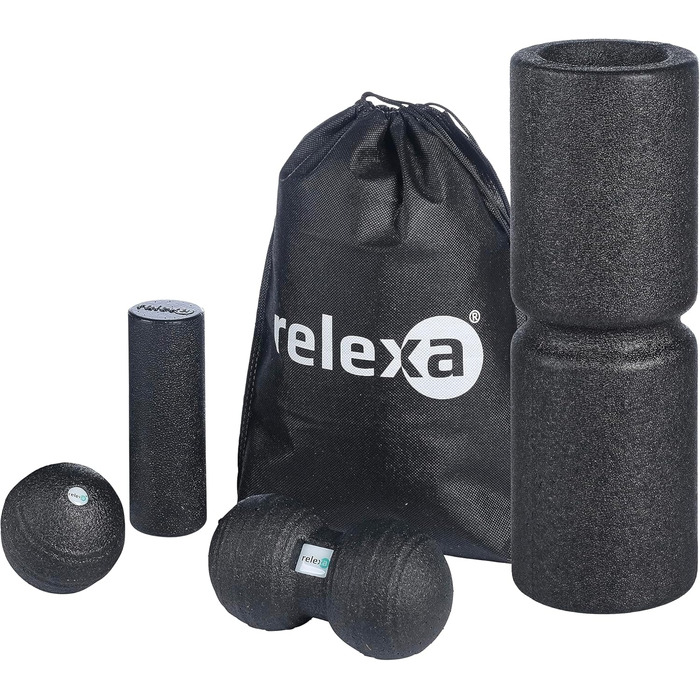 Релаксаційний масажний набір Relexa Starter Set Comfort чорний, 5 предметів: ролик для масажу, фасціальні ролики та м'ячі для зняття напруги і болю, для всіх м'язів, універсальний, з eBook