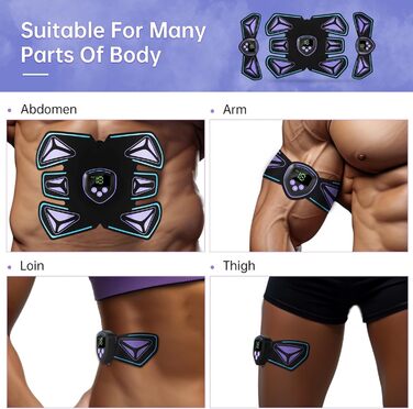 Електричний стимулятор м'язів пресу EMS, тренувальний пристрій з 10 гелевими електродами, 6 режимів та 15 рівнів інтенсивності, для пресу, рук та ніг