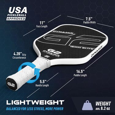 Ракетка для піклболу з вуглецевого волокна Gen-2, 16 мм, сертифікована USAPA, для професійного рівня, потужність, обертання та стабільність, довгаста, легка, професійна балансування (біла ручка / біла рамка)