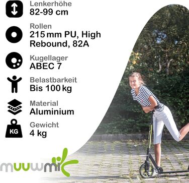 Скутер Muuwmi Pro з алюмінію – для дітей та дорослих, 215 мм, ABEC 7, регульована висота, GS-сертифікований, помаранчевий