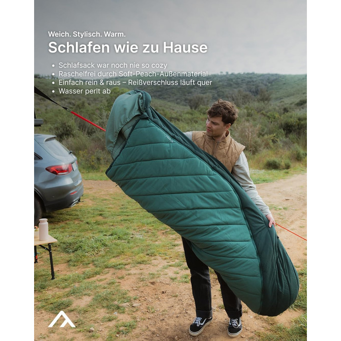 Сплячий мішок Qeedo Buddy 8 Outdoor для літа (8-25°C), 3 сезони, для дорослих та підлітків (до 200 см), компактний та легкий, поверхня Peach-Skin, колір Pinegreen
