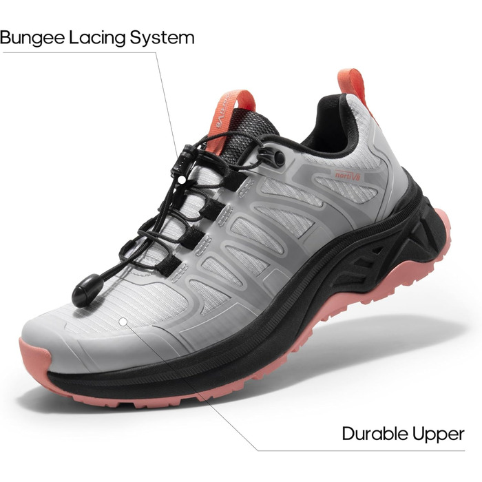 Жіночі трекінгові черевики NORTIV 8 з швидкою шнурівкою - легкі туристичні черевики для кемпінгу та відпочинку (37 EU, сірий, рожевий)