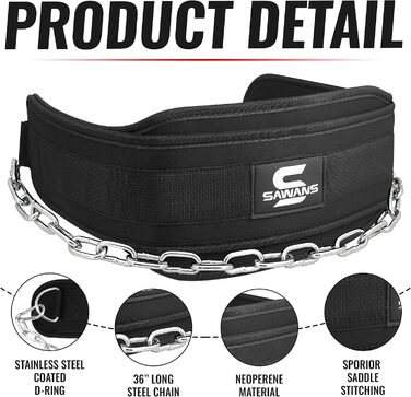 Пояс для підтягувань з неопреновою підтримкою спини - сталева ланцюг для важкої атлетики, бодібілдингу, пауерліфтингу, тренувань у спортзалі, чорний, універсальний розмір