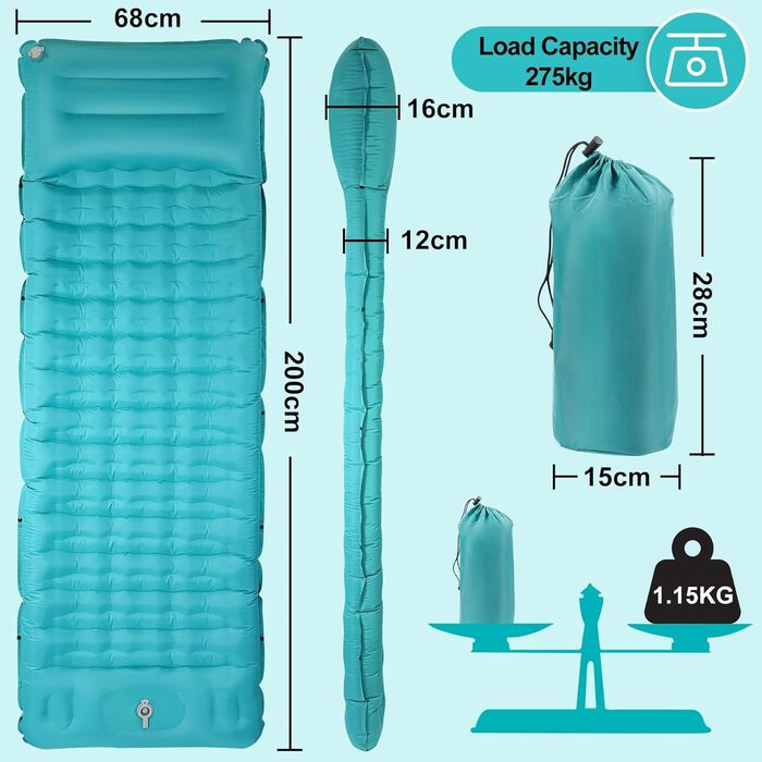 Саморозкладаючий килимок для кемпінгу DeeprBling Isomatte, 12 см, з помпою та подушкою, 200x68x12 см