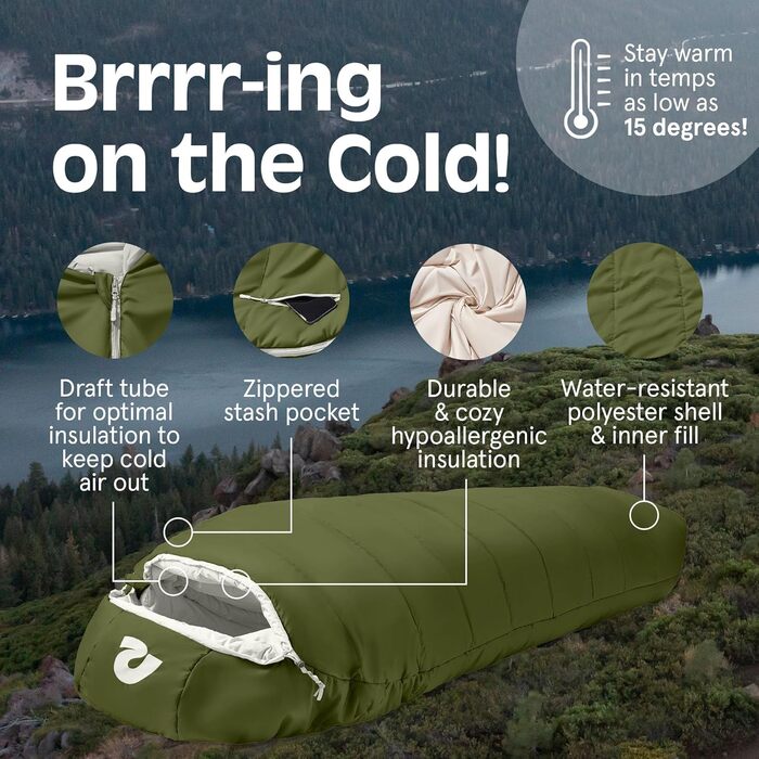 Спальний мішок Retrospec Dream 15°C, мумія, для кемпінгу, Regular (зелений)