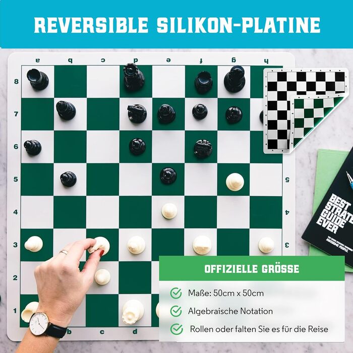 Професійний шаховий набір Best Chess Set Ever 3X з утяжеленими фігурами Staunton (король 10,3 см), силіконовою двосторонньою складною дошкою 50x50 см, для турнірів, дорослих і дітей