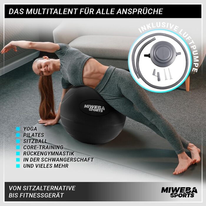 Гімнастичний м’яч Miweba Sports GB-100, 65 см, до 400 кг, чорний, PVC, ергономічний фітнесбол для тренувань, офісу та сидіння